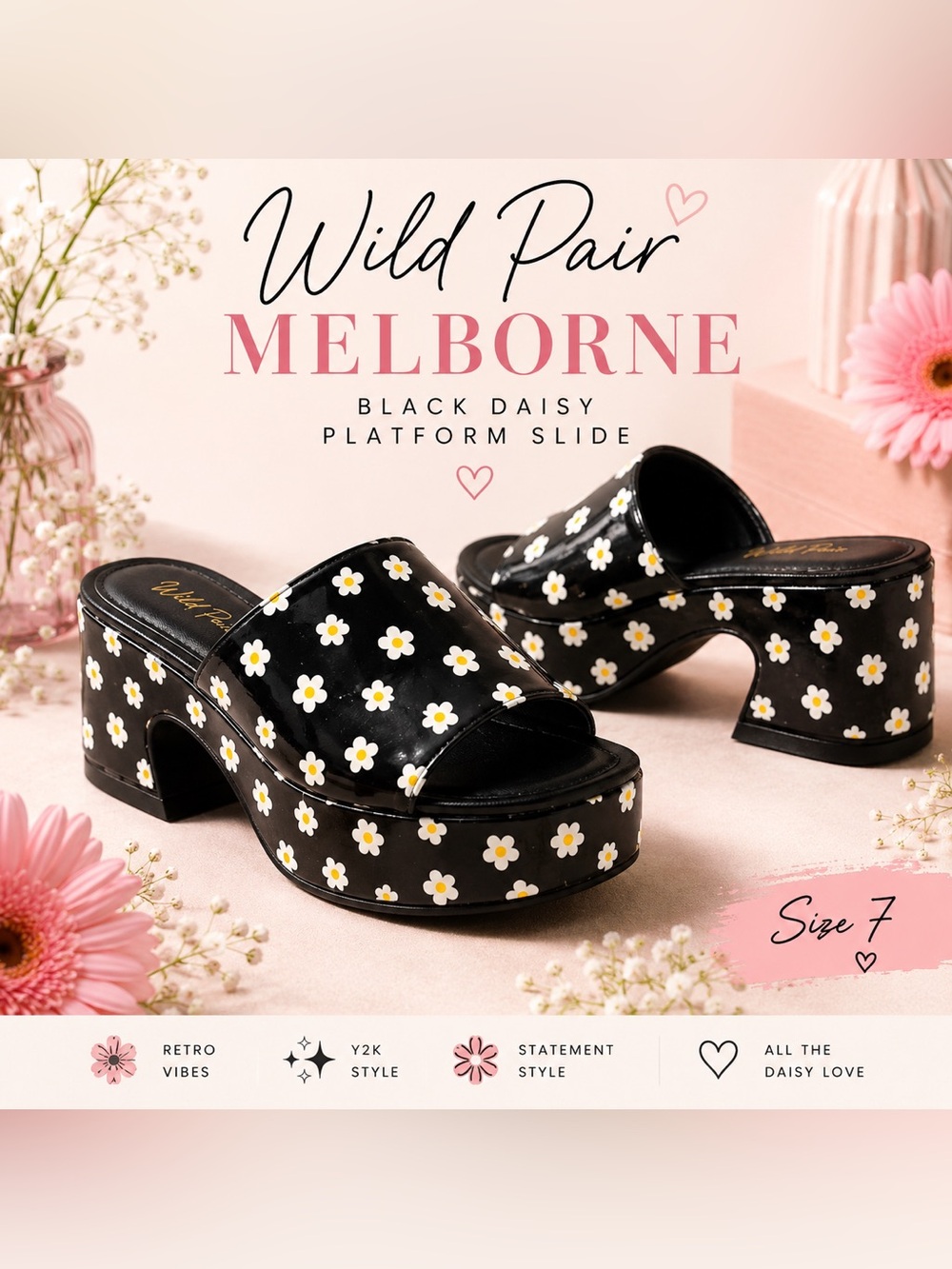 Wild Pair Melborne Black Daisy Patent Platform Slide Sandals Size 7 | Retro Y2K